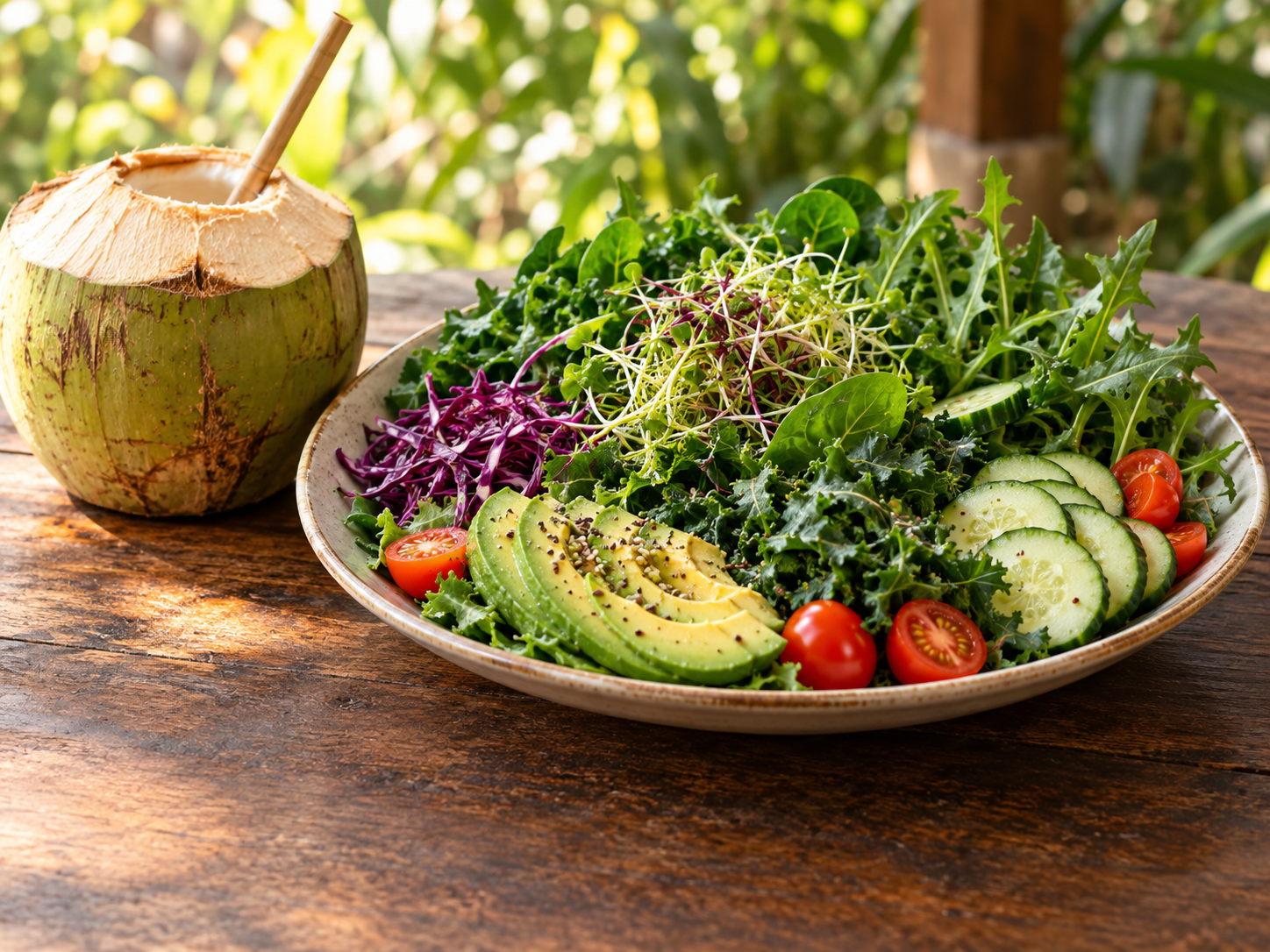 Plate of leafy greens, sprouts, avocado, cucumber, purple cabbage and grape tomatoes beside a coconut with a straw